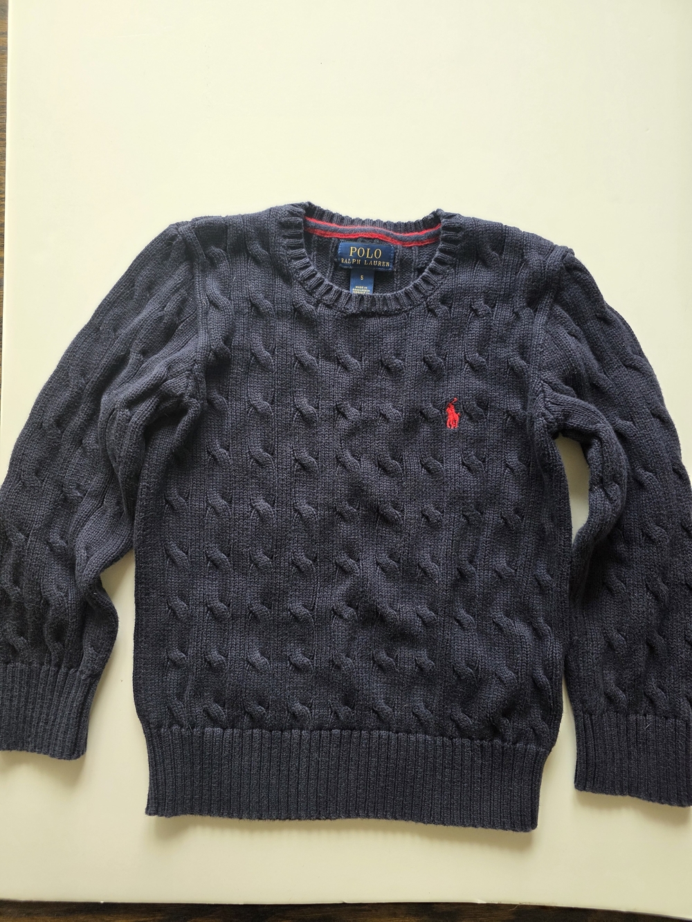 Polo by Ralph Lauren Navy Cable Crewneck Sweater with Red Pony - Picture 1 of 2